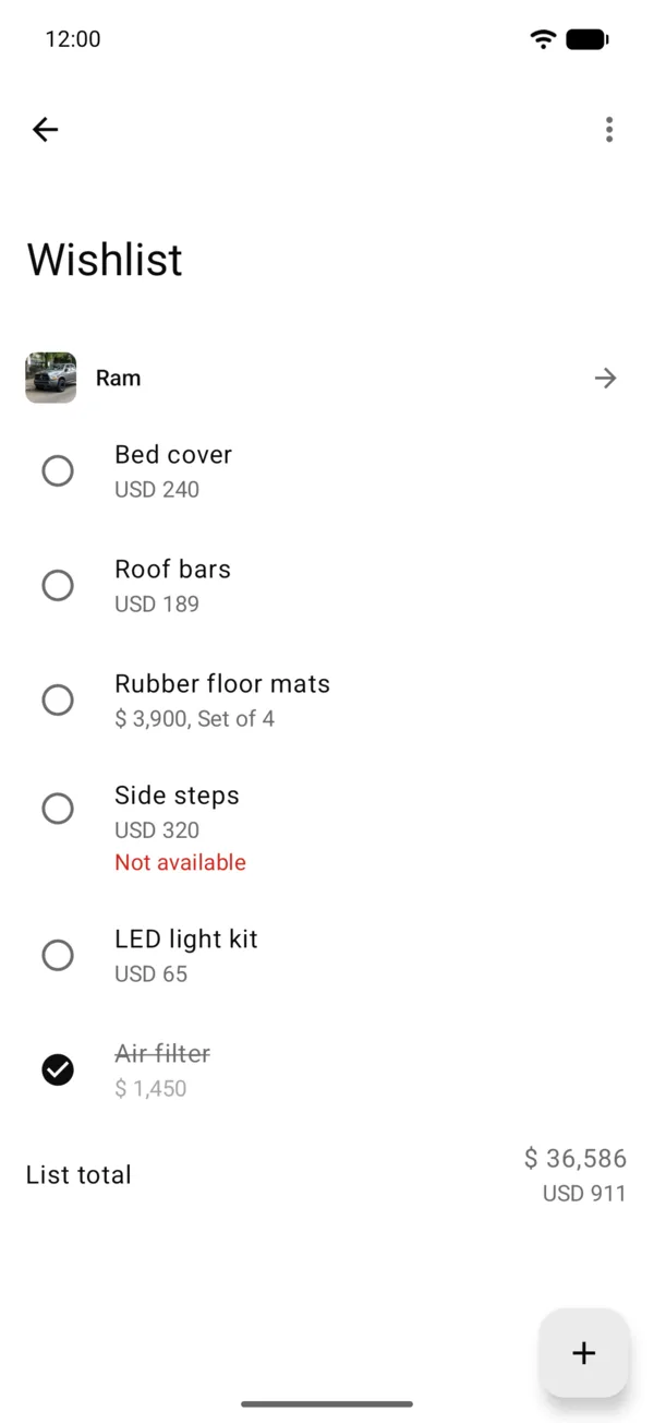 All your lists, with each vehicle’s total and the total of all