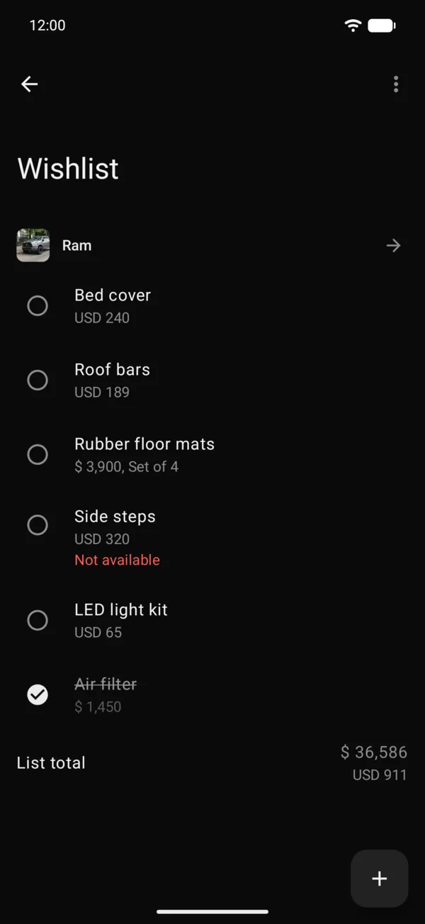 All your lists, with each vehicle’s total and the total of all