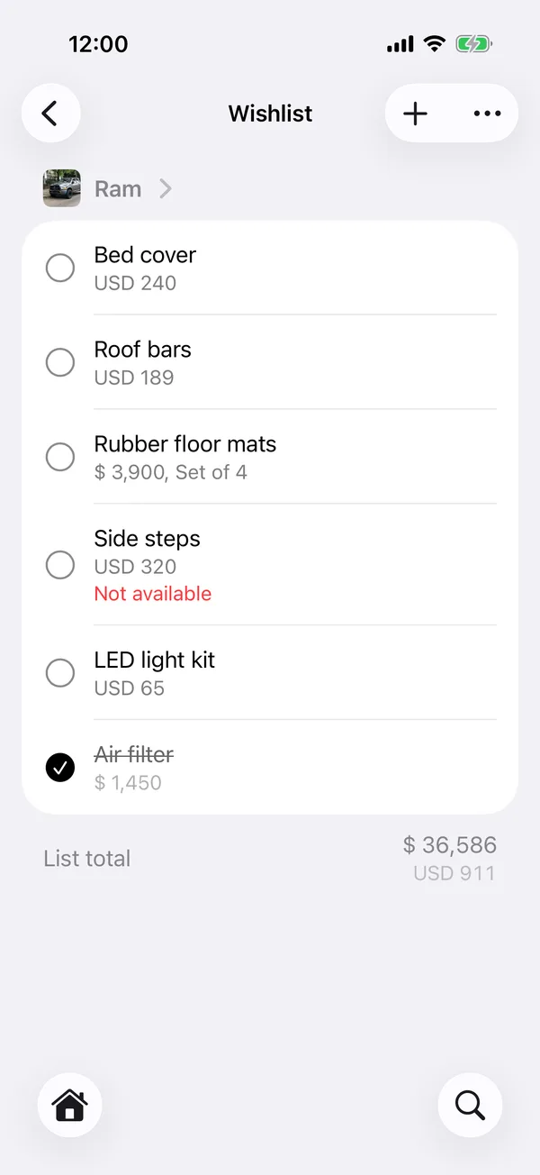 All your lists, with each vehicle’s total and the total of all