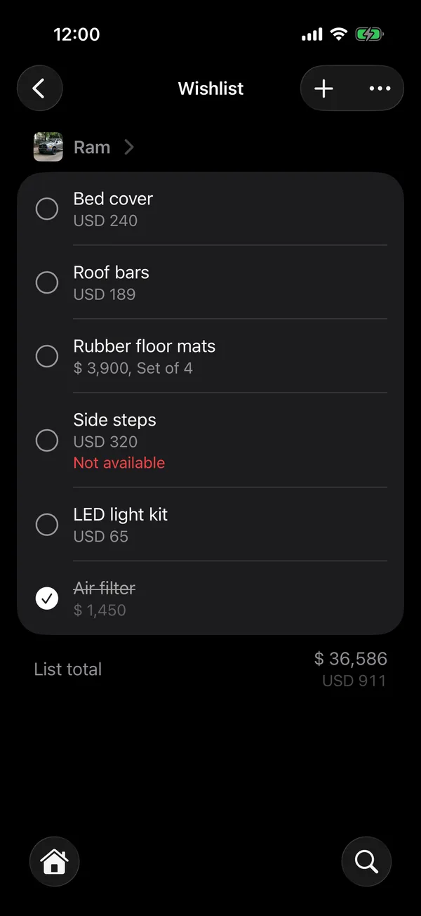 All your lists, with each vehicle’s total and the total of all
