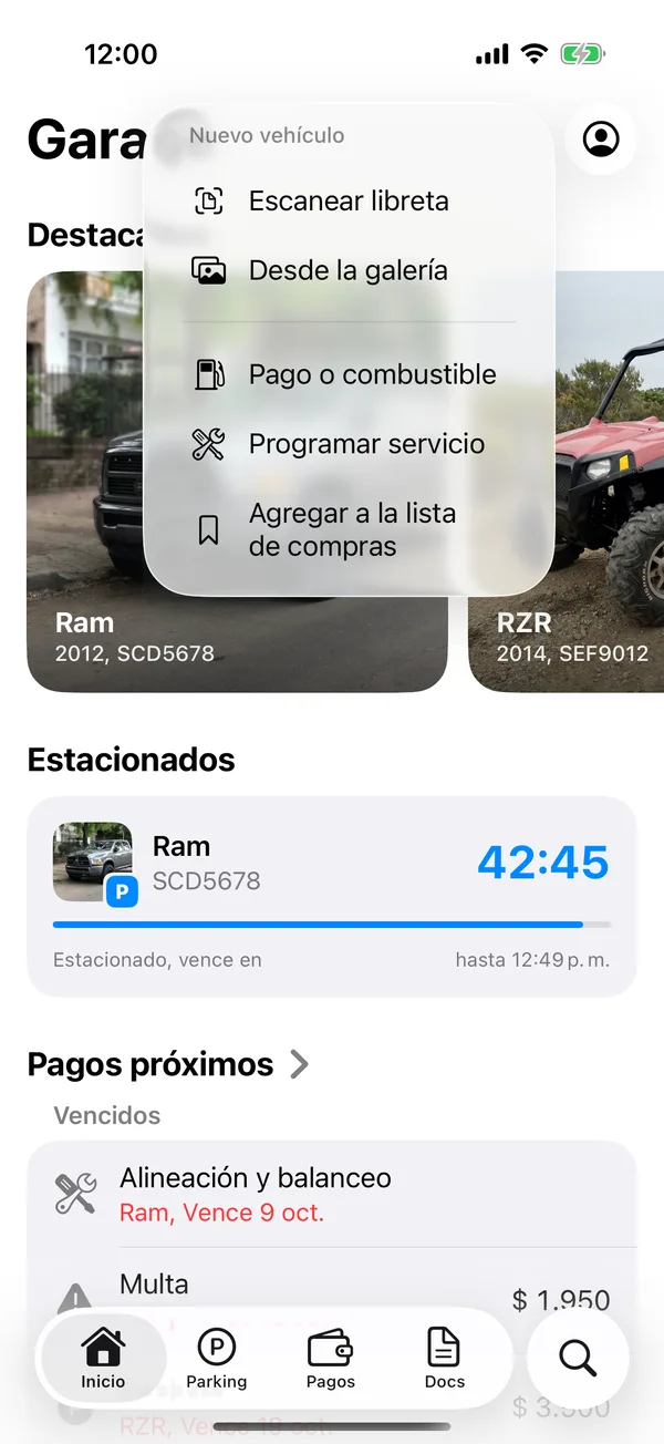 The + menu on Home with Scan registration and From photo library