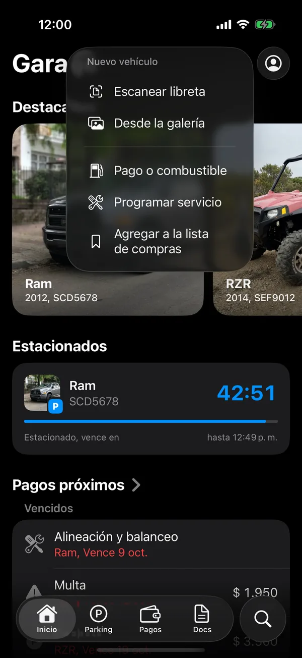 The + menu on Home with Scan registration and From photo library