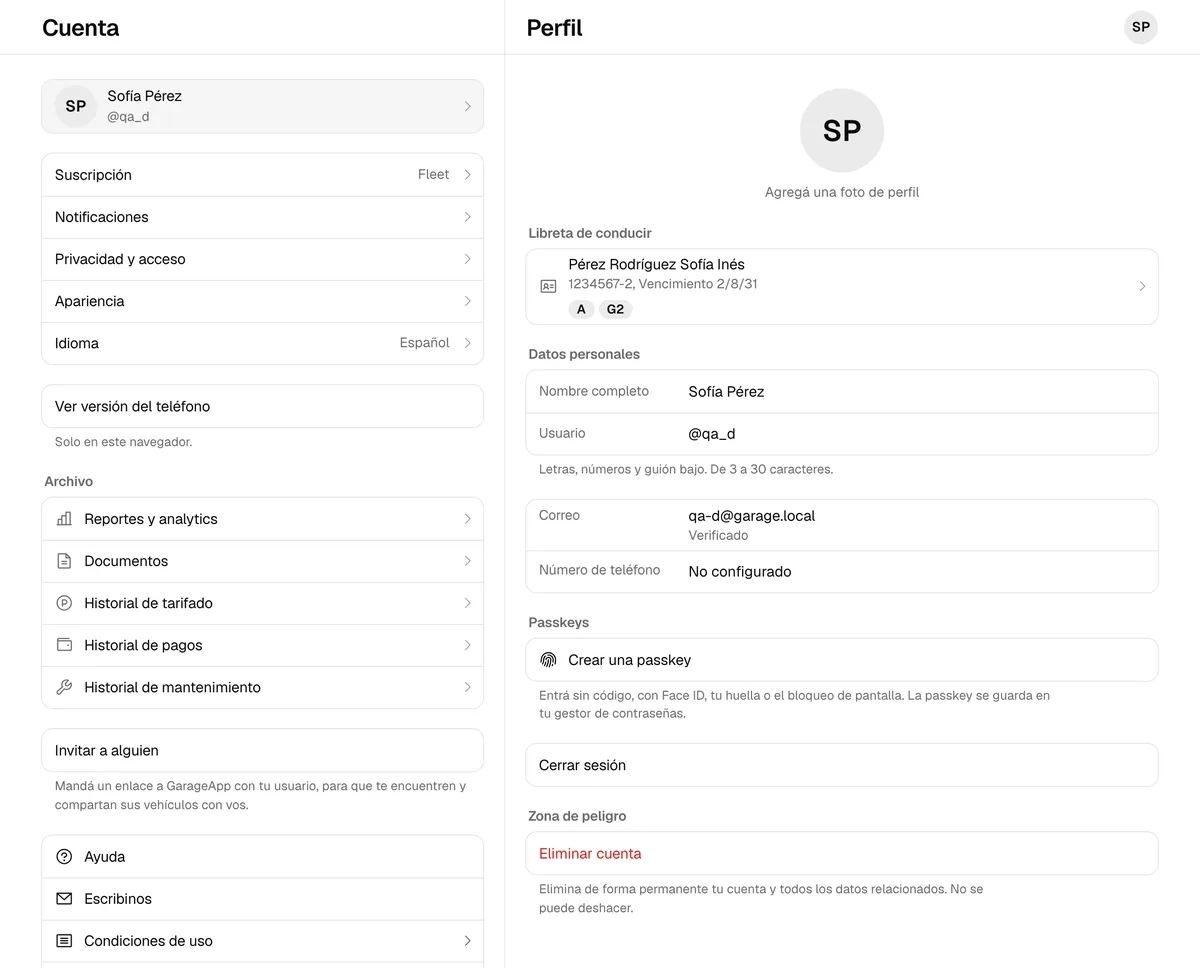 Tu cuenta en la web en una computadora, con la lista a la izquierda y tus datos personales a la derecha