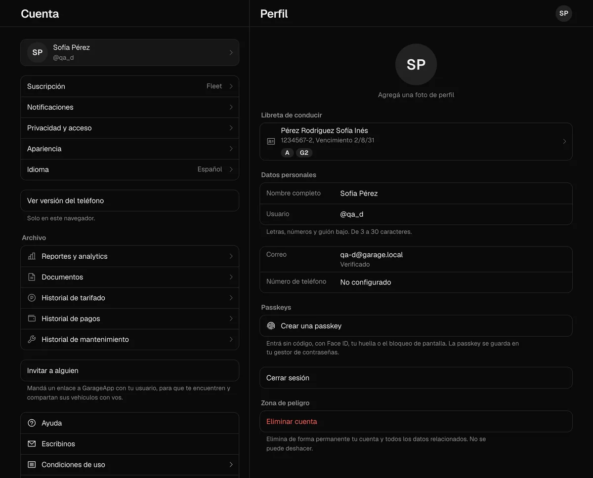 Tu cuenta en la web en una computadora, con la lista a la izquierda y tus datos personales a la derecha
