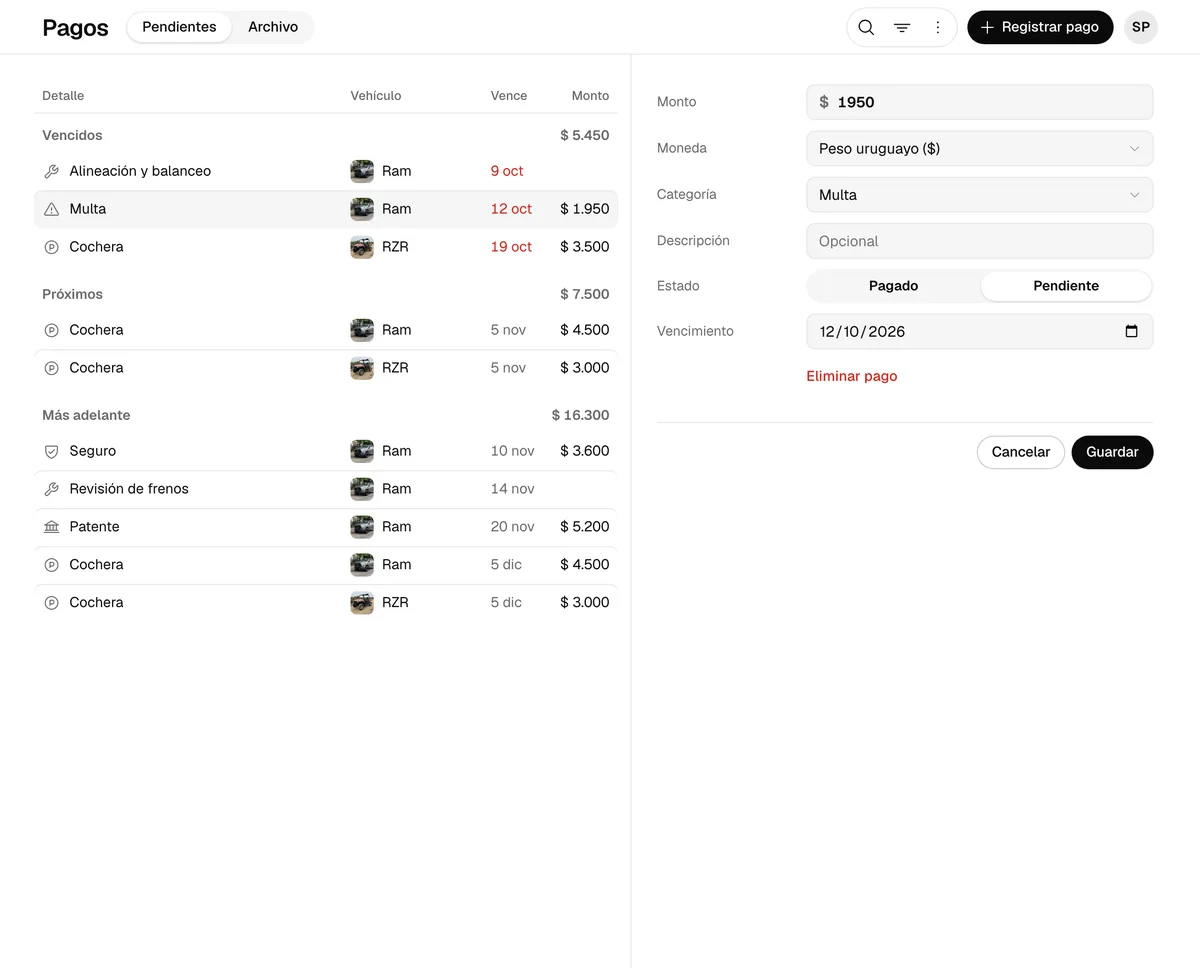 La pestaña Pagos de la web en una computadora, con la lista y un pago abierto a la derecha