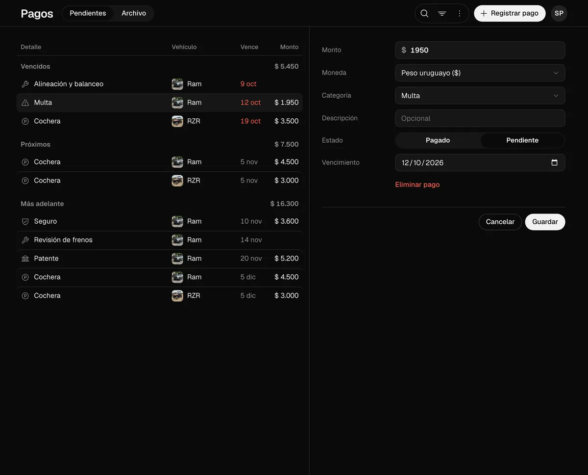 La pestaña Pagos de la web en una computadora, con la lista y un pago abierto a la derecha