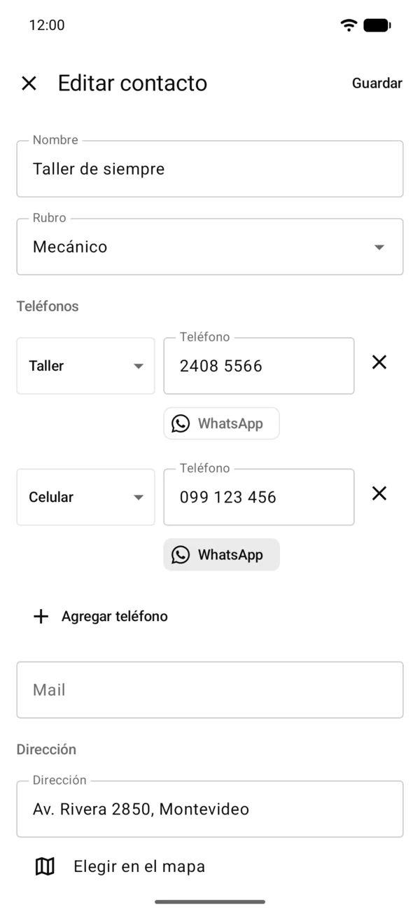 Un contacto con su rubro, sus teléfonos, WhatsApp y la dirección