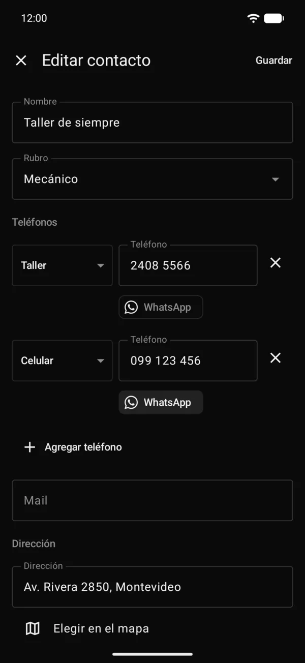 Un contacto con su rubro, sus teléfonos, WhatsApp y la dirección