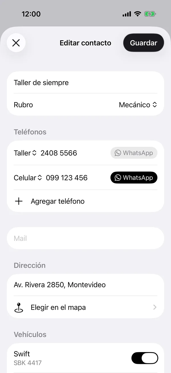 Un contacto con su rubro, sus teléfonos, WhatsApp y la dirección