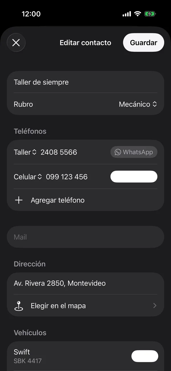 Un contacto con su rubro, sus teléfonos, WhatsApp y la dirección