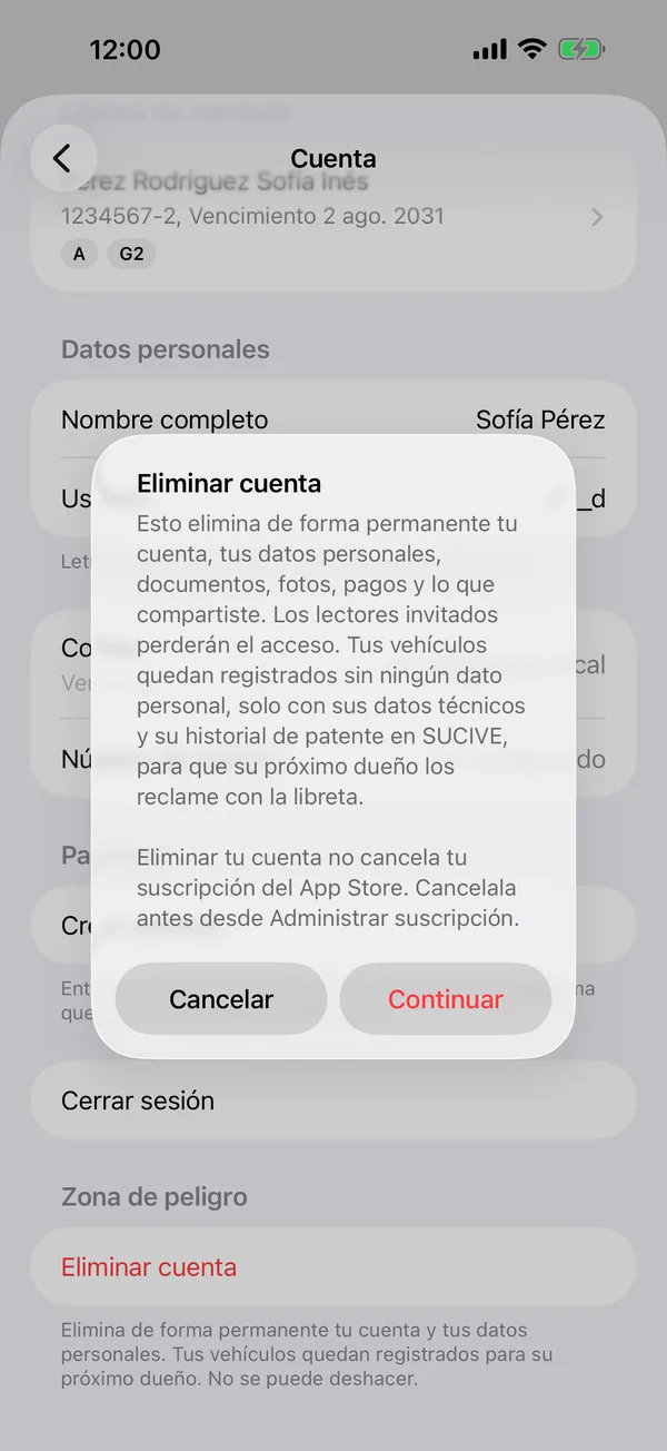 El aviso Eliminar cuenta con Cancelar y Continuar