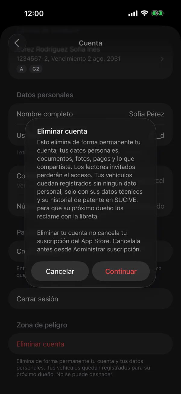 El aviso Eliminar cuenta con Cancelar y Continuar