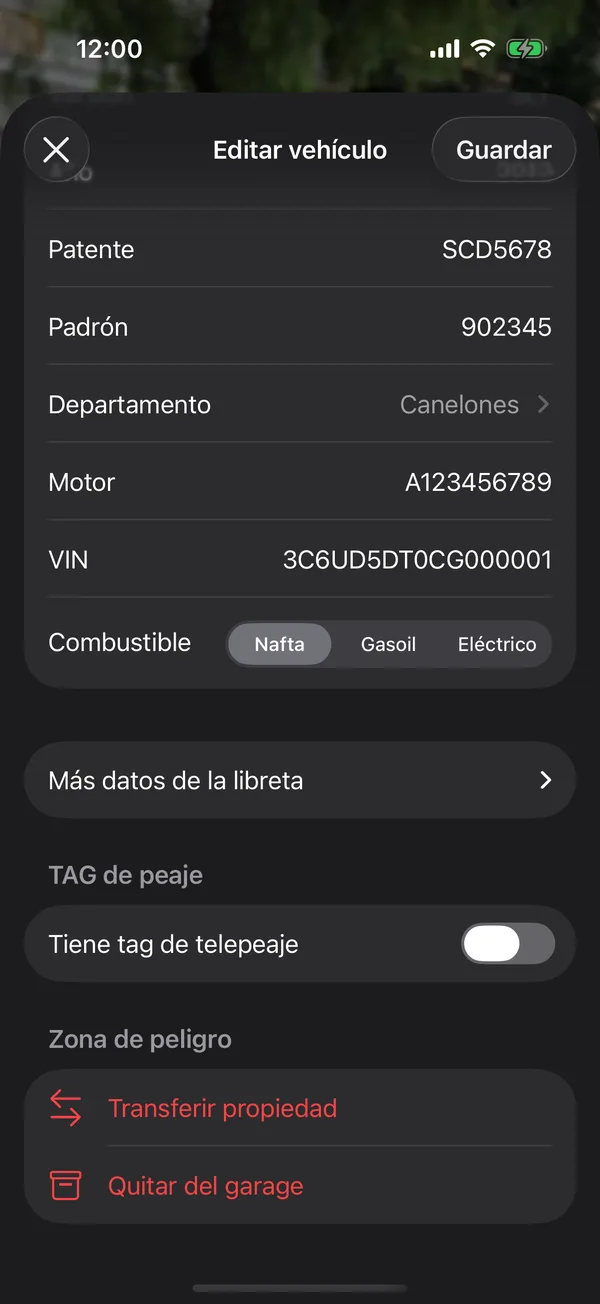 La Zona de peligro con Transferir propiedad y Quitar del garage
