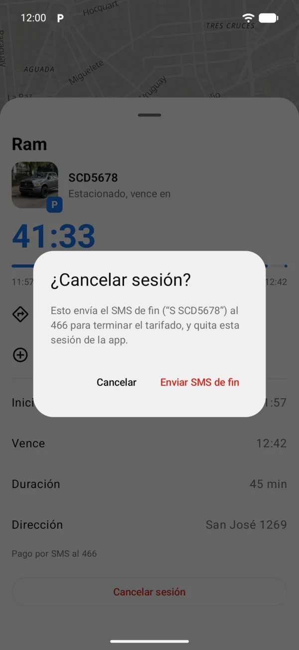 El aviso Cancelar sesión con Enviar SMS de fin