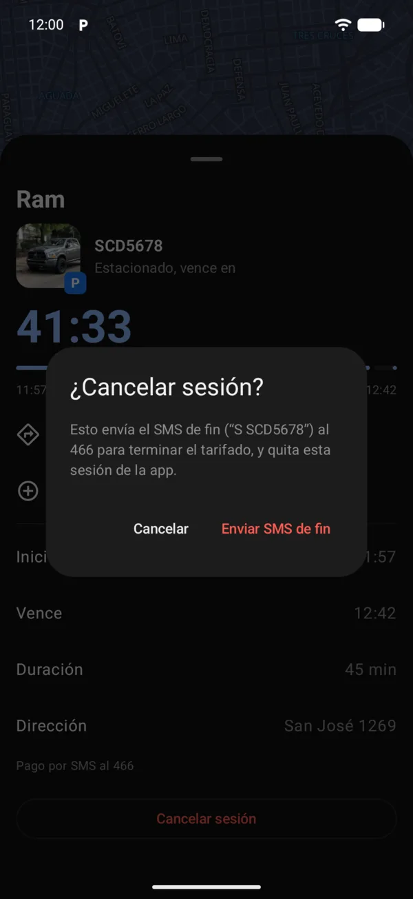 El aviso Cancelar sesión con Enviar SMS de fin