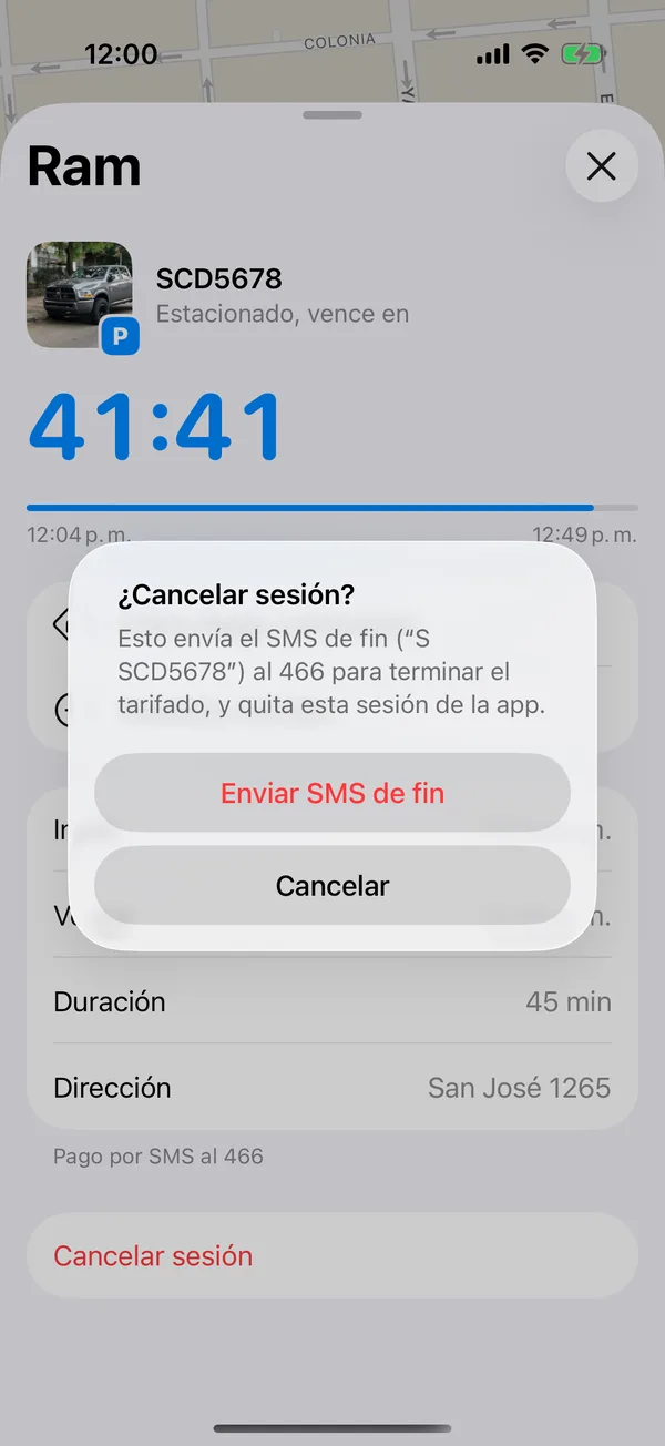 El aviso Cancelar sesión con Enviar SMS de fin