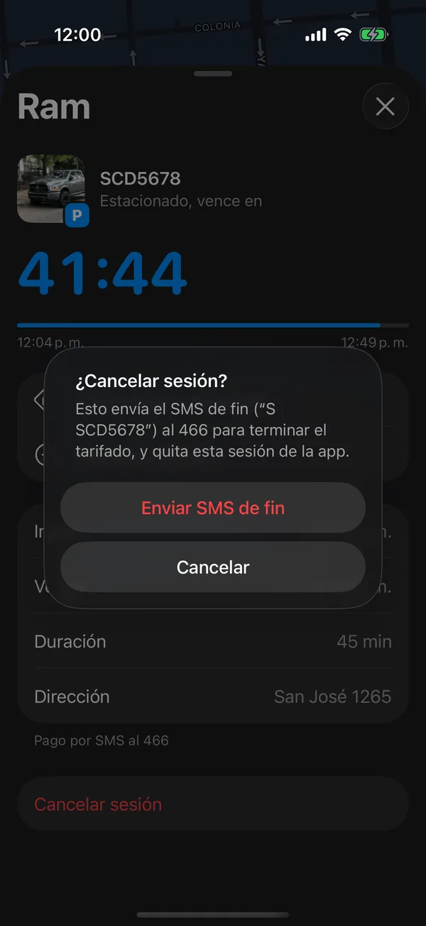 El aviso Cancelar sesión con Enviar SMS de fin