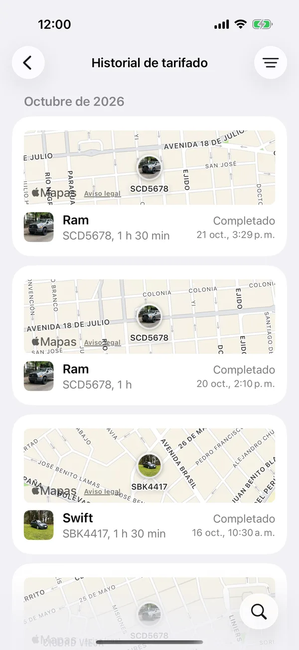 El historial de tarifado con una tarjeta por sesión