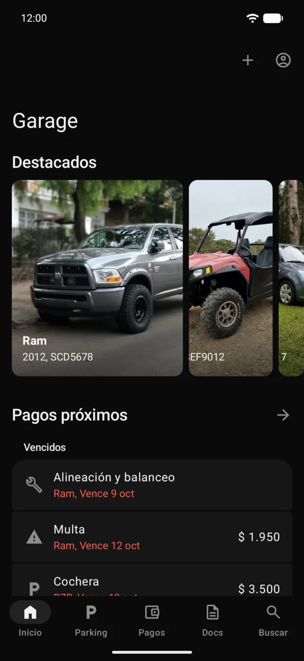 Inicio con Destacados, Pagos próximos y Tus vehículos