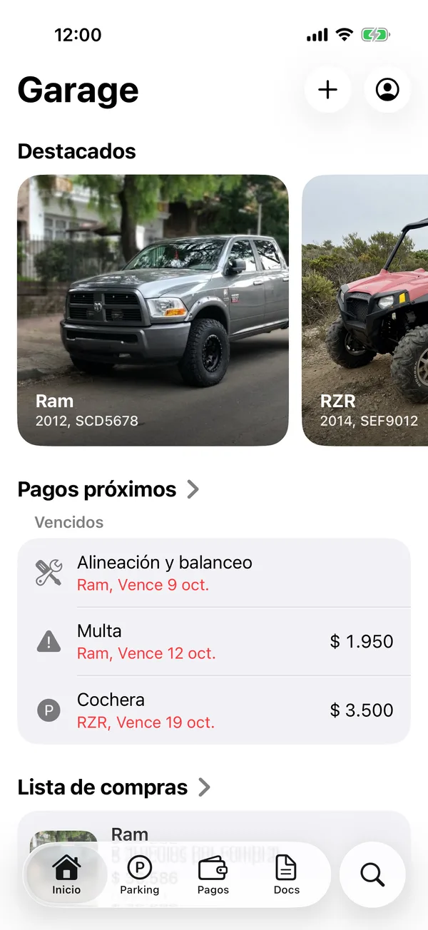 Inicio con Destacados, Pagos próximos y Tus vehículos