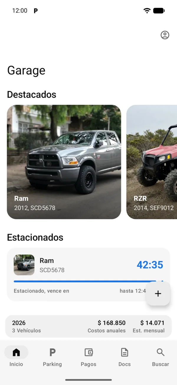 Inicio con la sección Estacionados