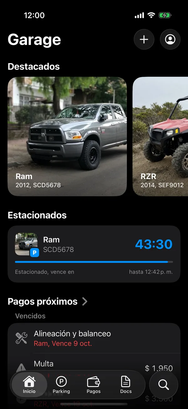 Inicio con la sección Estacionados