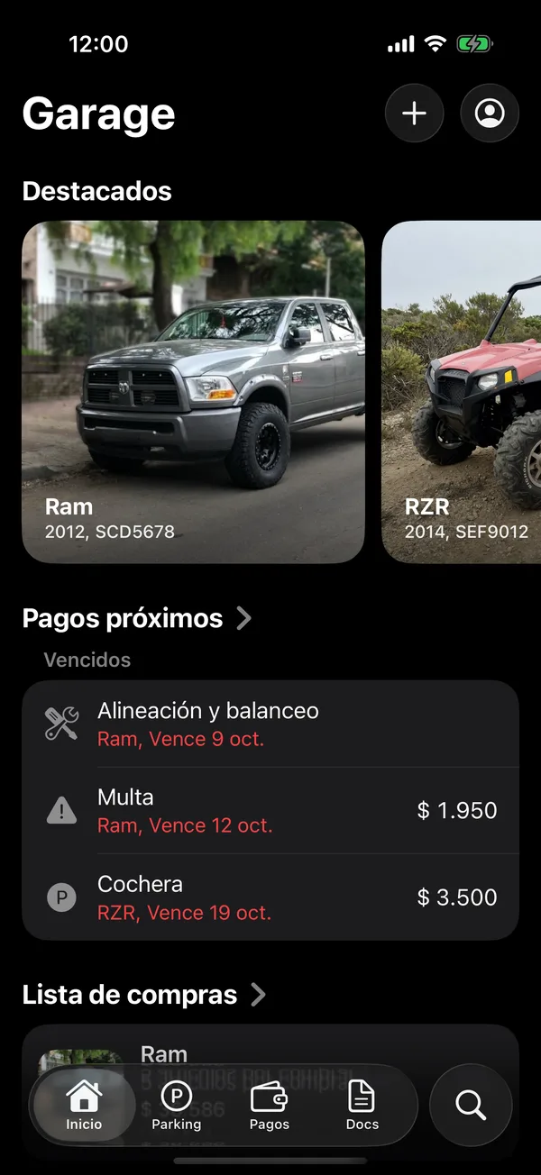Inicio con Destacados, Pagos próximos y Tus vehículos