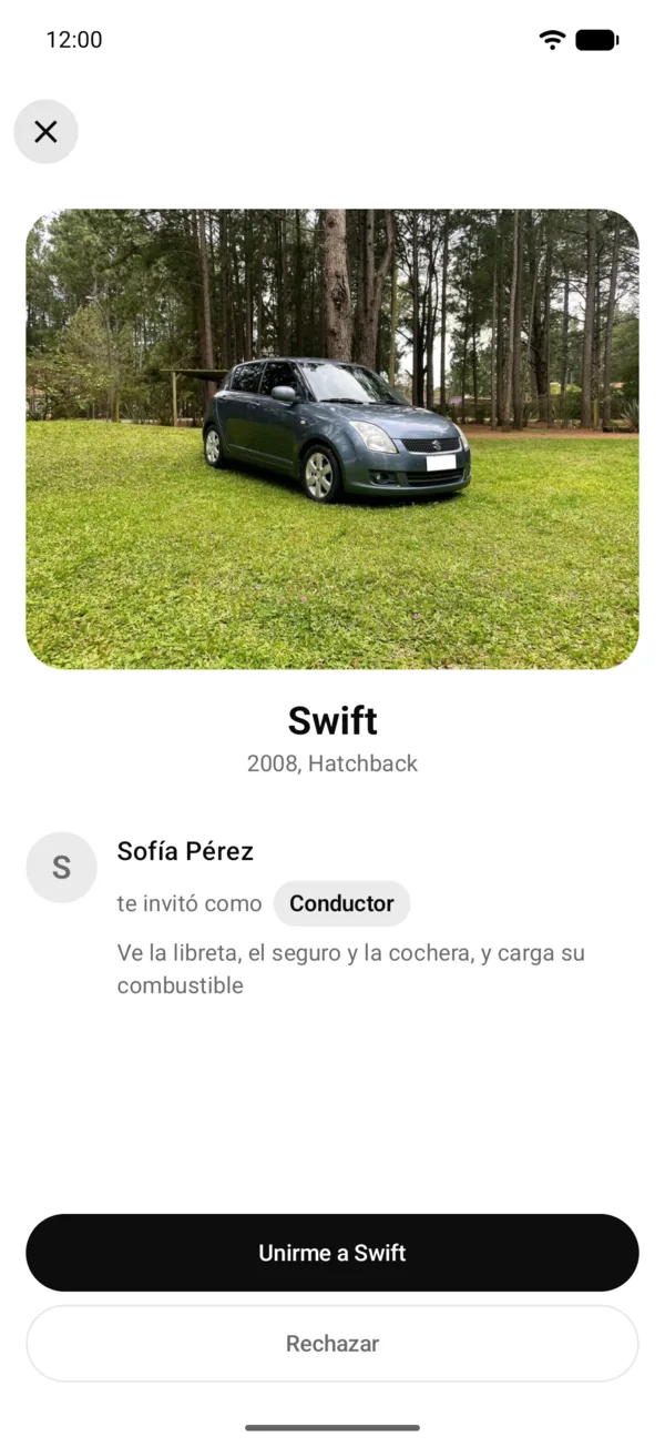 Una invitación a un vehículo con el rol y el botón Unirme