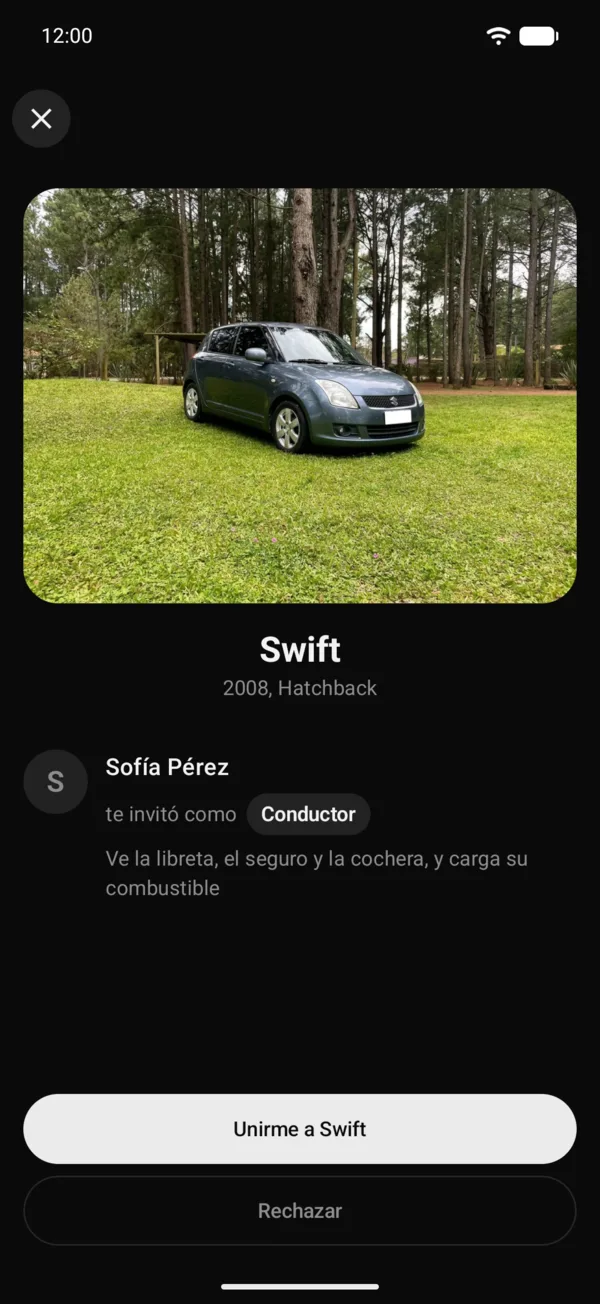 Una invitación a un vehículo con el rol y el botón Unirme