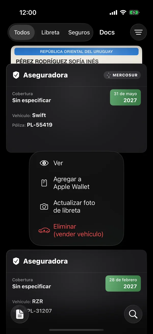 O menu de um documento com Adicionar à Apple Wallet e Atualizar foto do documento