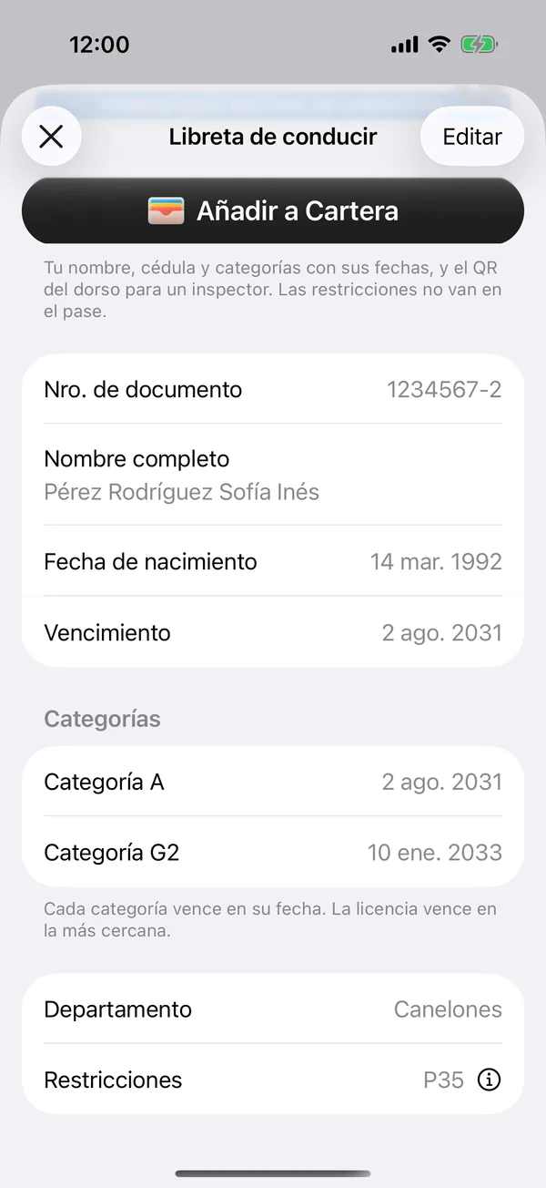Tu libreta de conducir en la app, con cada categoría y su vencimiento