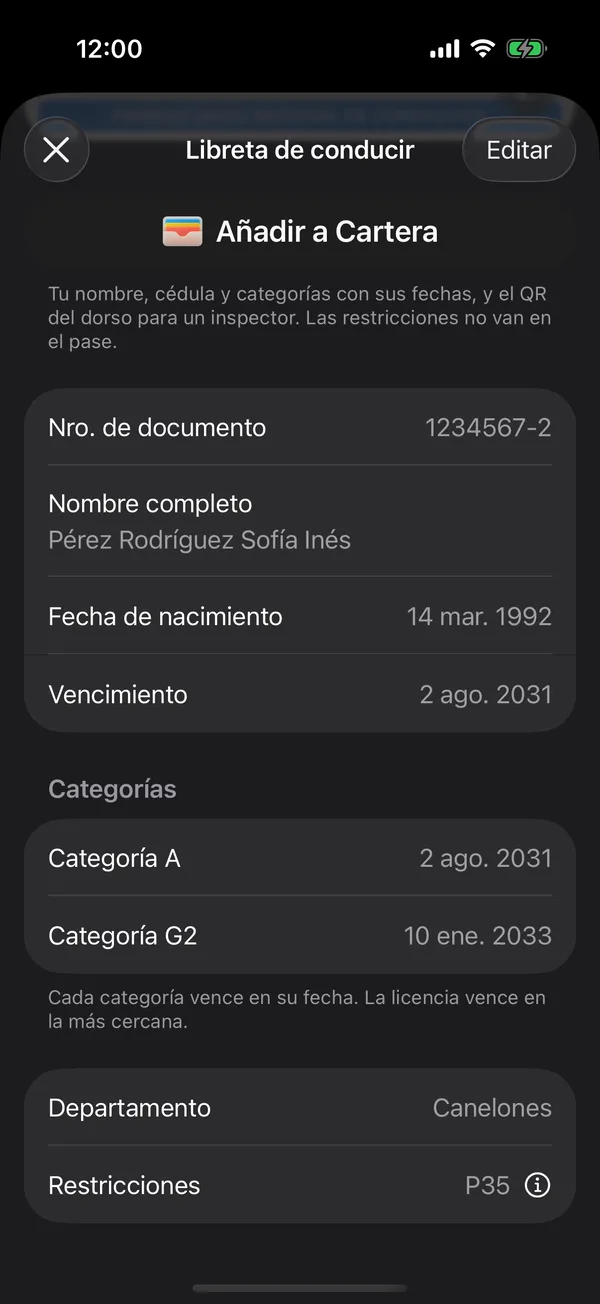 Tu libreta de conducir en la app, con cada categoría y su vencimiento