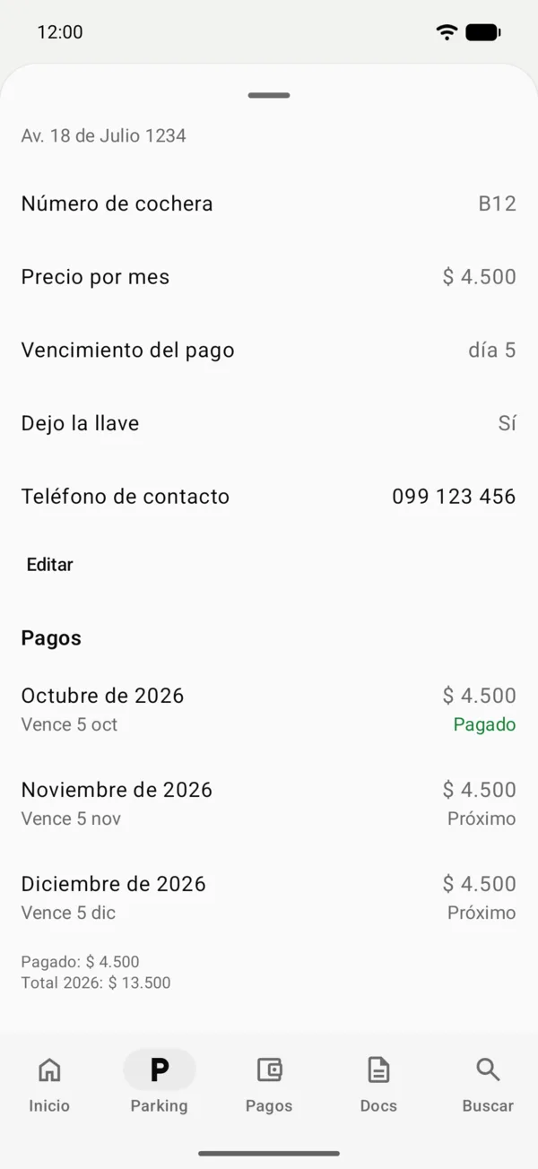 Una cochera guardada con Ir a la cochera y sus datos