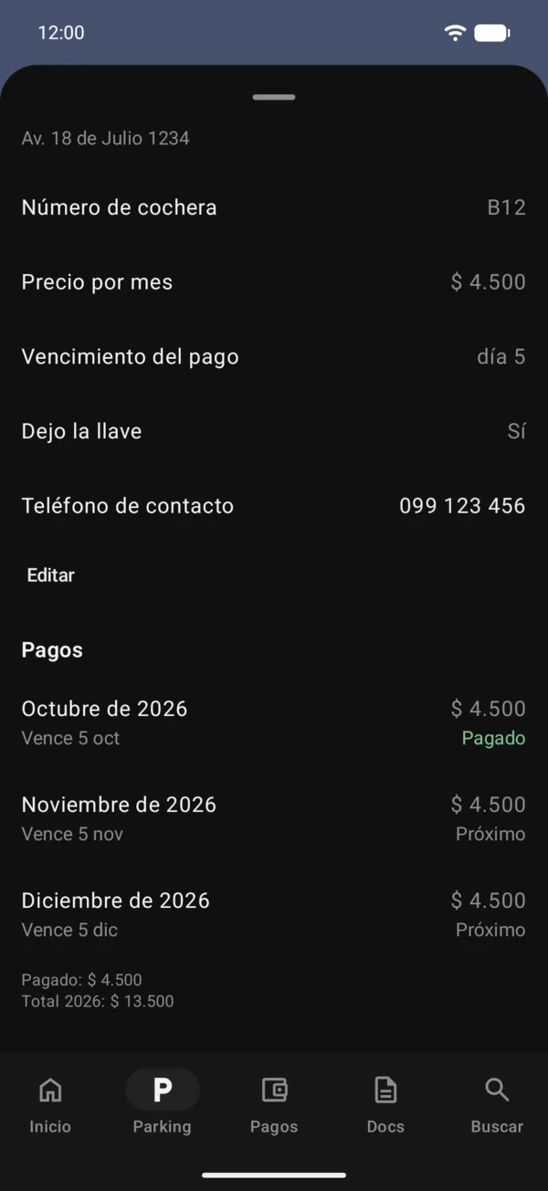 Una cochera guardada con Ir a la cochera y sus datos
