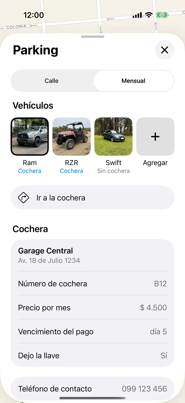 Una cochera guardada con Ir a la cochera y sus datos