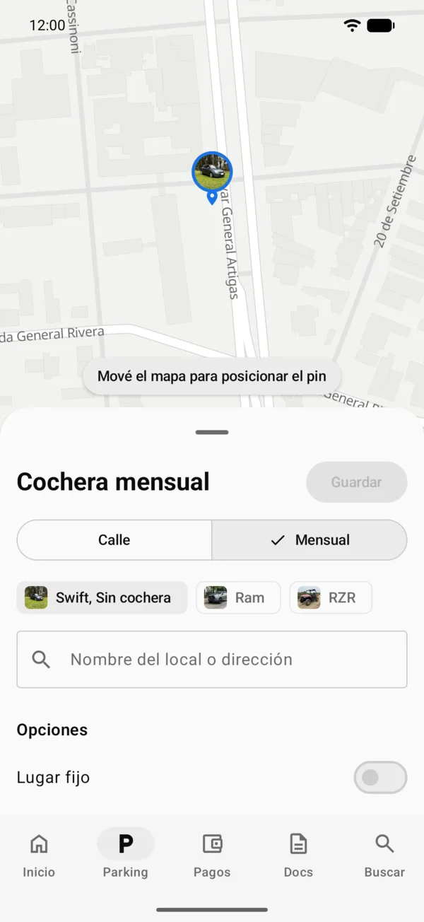 El formulario de cochera mensual con Opciones y Detalle