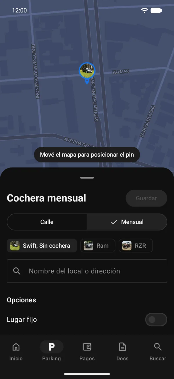 El formulario de cochera mensual con Opciones y Detalle