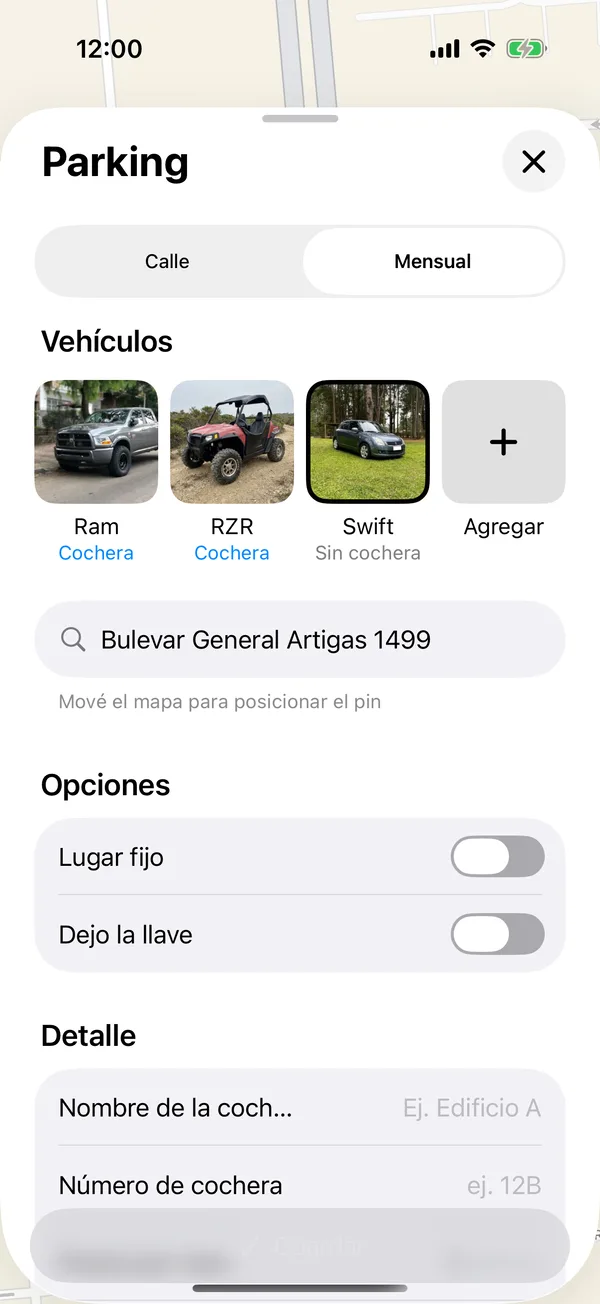 El formulario de cochera mensual con Opciones y Detalle