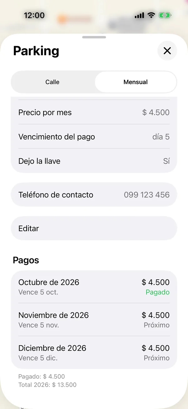 La sección Pagos de una cochera, con cada mes y su estado