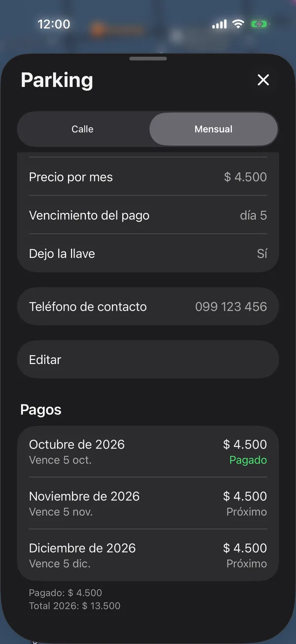 La sección Pagos de una cochera, con cada mes y su estado