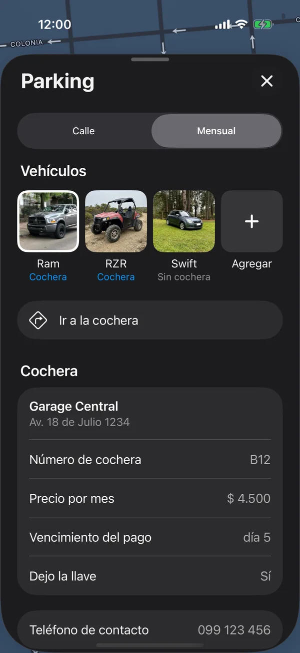 Una cochera guardada con Ir a la cochera y sus datos