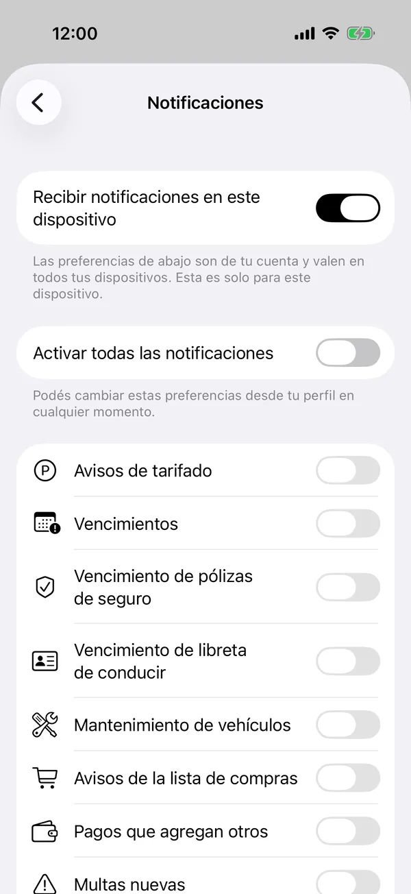 A tela Notificações com um interruptor por tipo de aviso