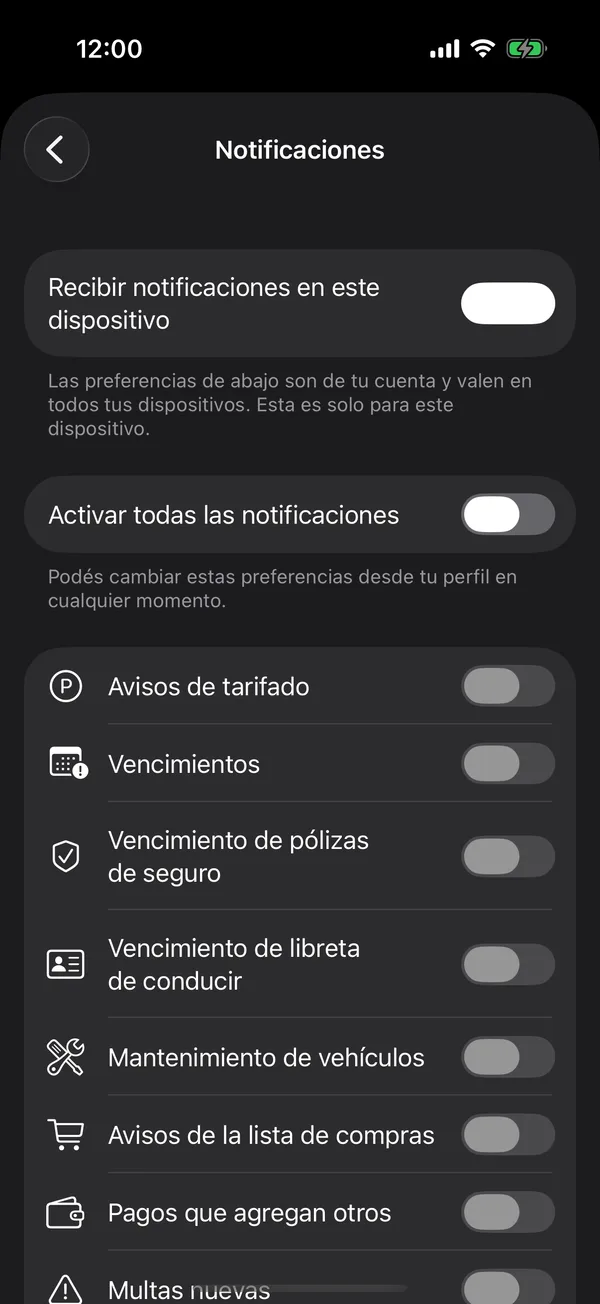 A tela Notificações com um interruptor por tipo de aviso
