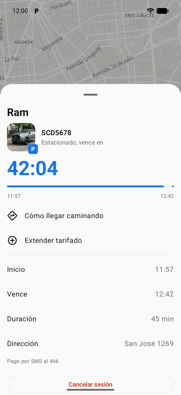 Un vehículo estacionado con el tiempo que queda, Cómo llegar caminando y Extender tarifado