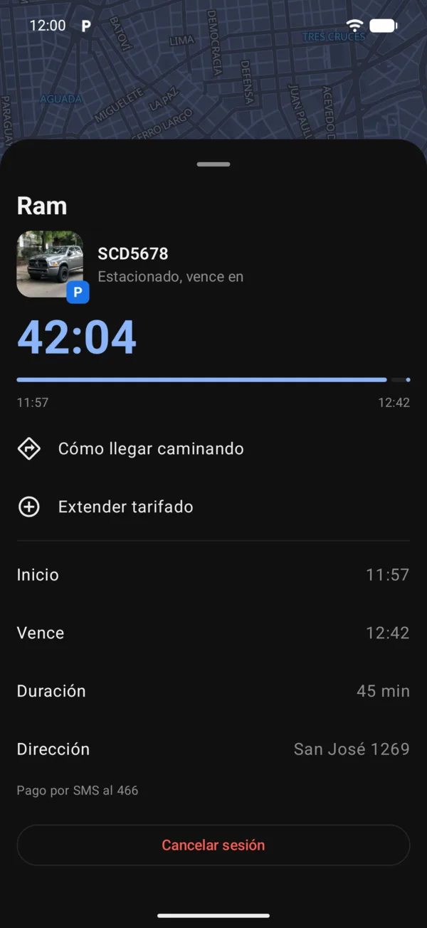 Un vehículo estacionado con el tiempo que queda, Cómo llegar caminando y Extender tarifado
