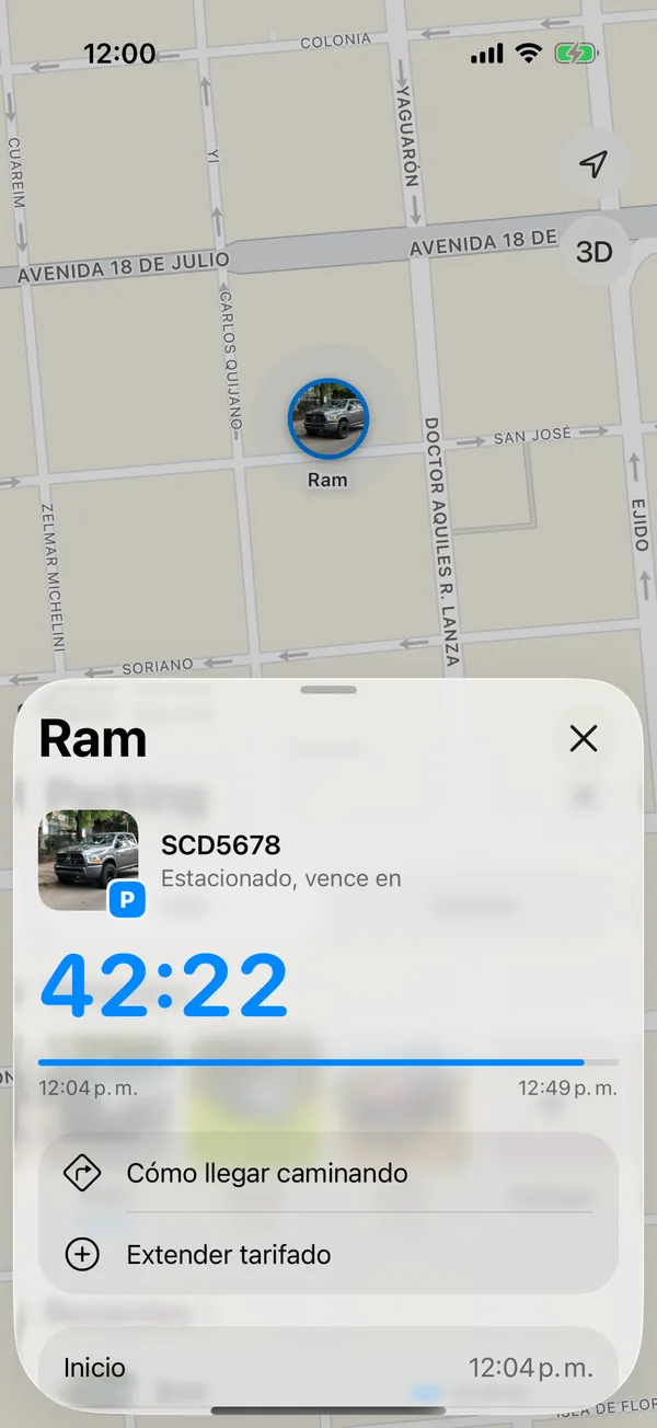 Un vehículo estacionado con el tiempo que queda, Cómo llegar caminando y Extender tarifado