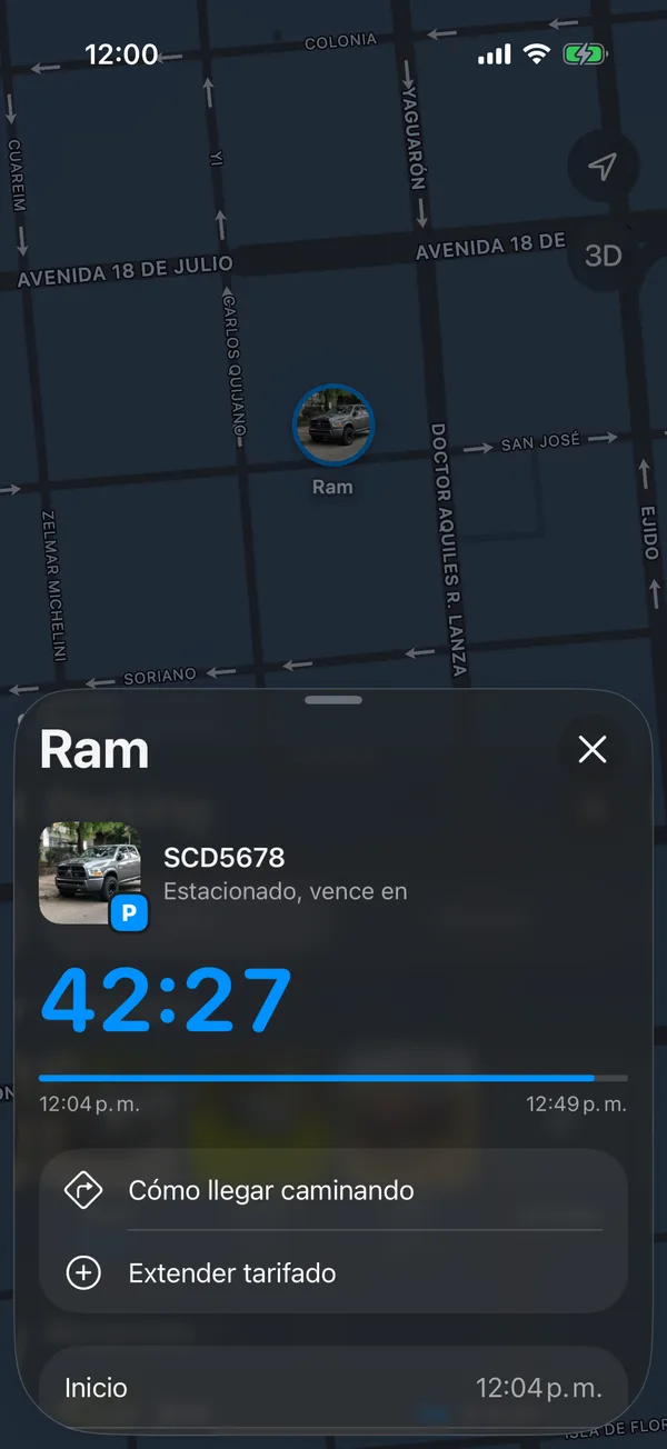 Un vehículo estacionado con el tiempo que queda, Cómo llegar caminando y Extender tarifado