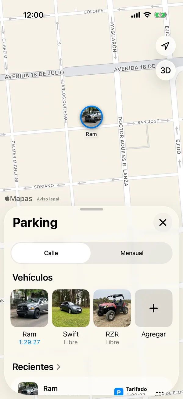 La pestaña Parking con los vehículos y el que está estacionado