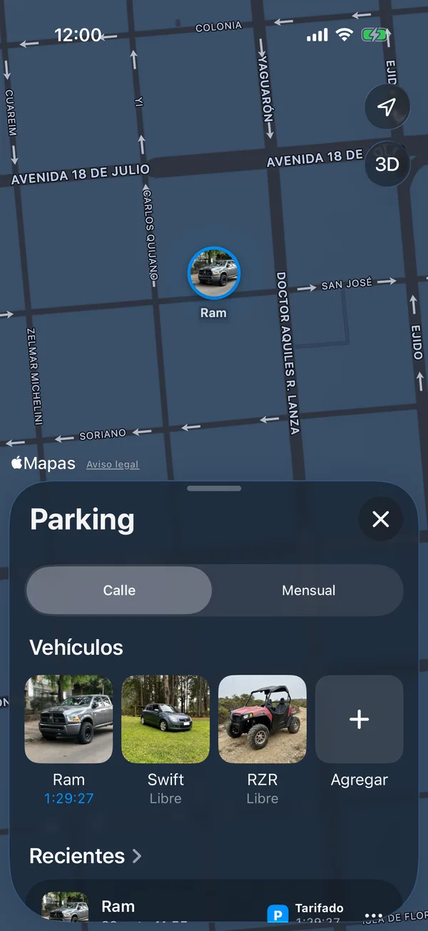 La pestaña Parking con los vehículos y el que está estacionado
