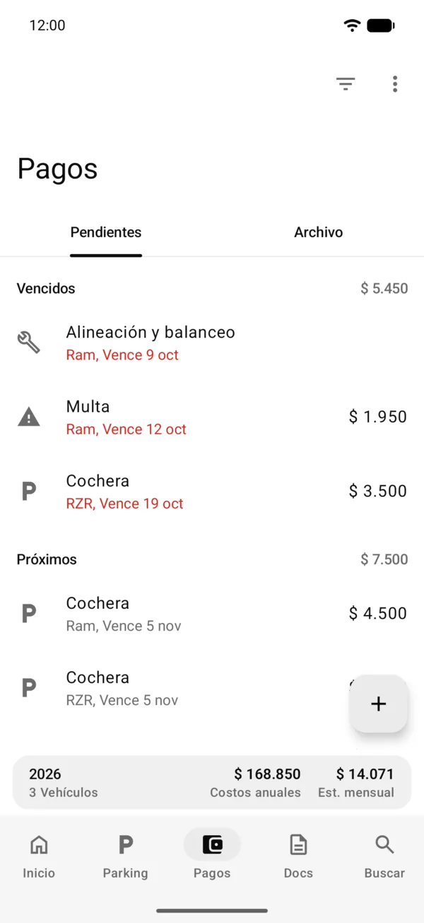 La pestaña Pagos con los pendientes de todos los vehículos